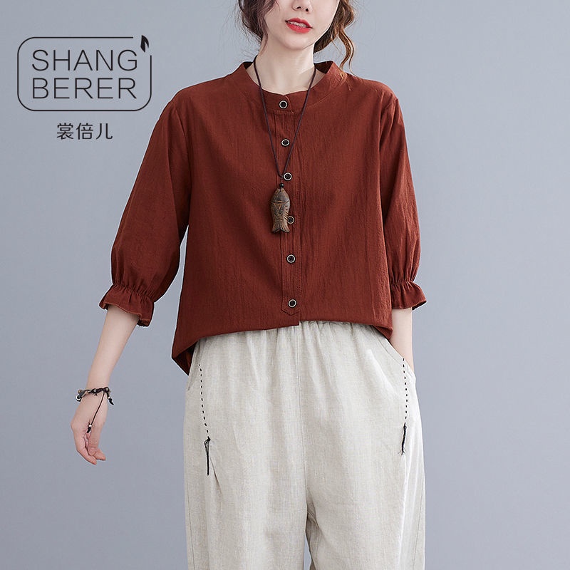 shang-beier-ฤดูร้อน-เสื้อเชิ้ตผ้าฝ้ายและผ้าลินินสไตล์ใหม่หญิงวรรณกรรมย้อนยุคหลวมเสื้อเชิ้ตปิดสาม-เสื้อสตรีแขนสี่ส่วน
