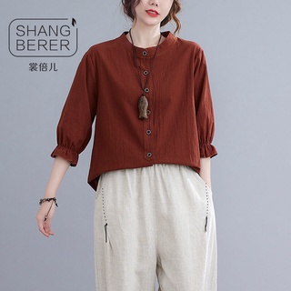 ﹉▼◎Shang Beier ฤดูร้อน เสื้อเชิ้ตผ้าฝ้ายและผ้าลินินสไตล์ใหม่หญิงวรรณกรรมย้อนยุคหลวมเสื้อเชิ้ตปิดสาม- เสื้อสตรีแขนสี่ส่วน