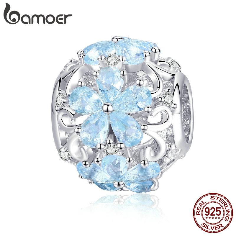 BAMOER Snowflake Charms Beads fit Bracelets DIY 925 Sterling Silver Light Blue CZ SCC941