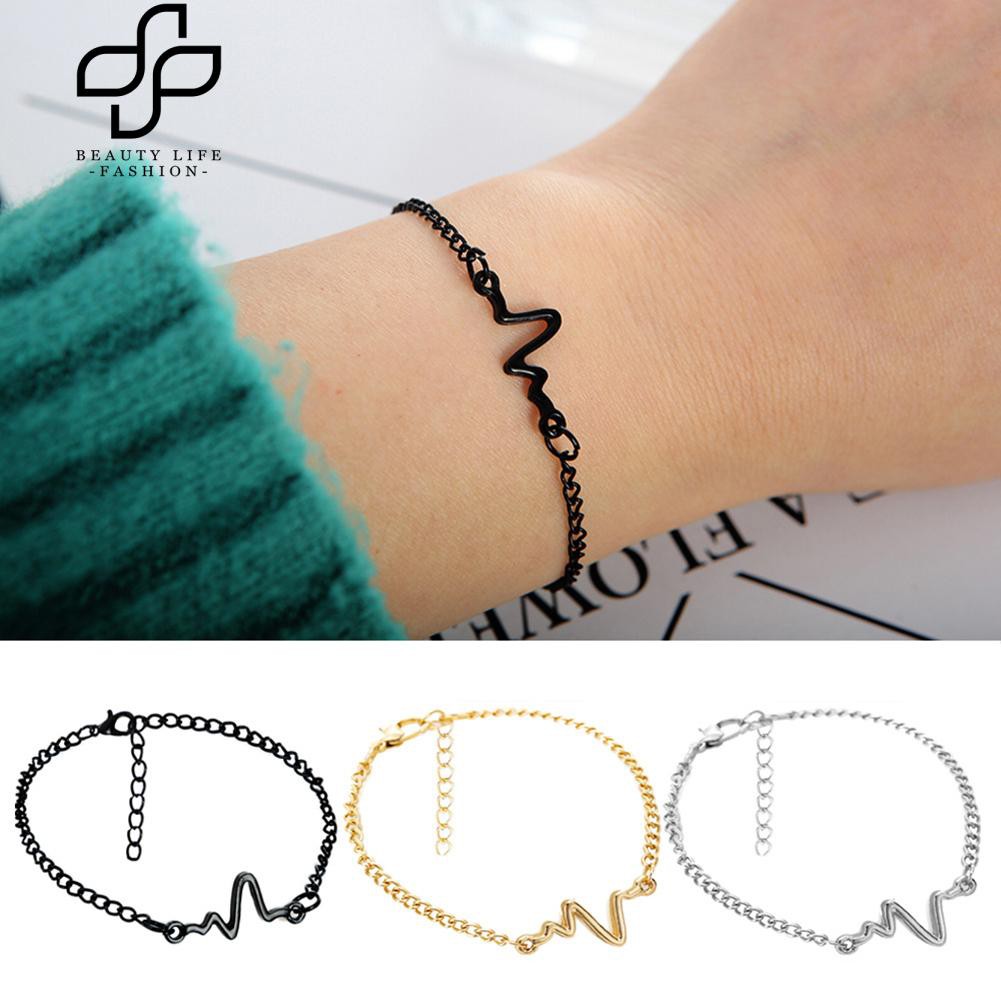 ราคาและรีวิวSimple Unisex Electrocardiogram Charm สายรัดข้อมือคู่ข้อมือแบบปรับได้