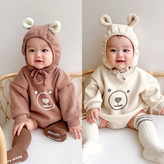 ชุดจั๊มสูท ผ้าขนแกะลายหมี พร้อมหมวก สำหรับเด็กทารก 0-12 เดือน (สินค้าพร้อมจัดส่ง)