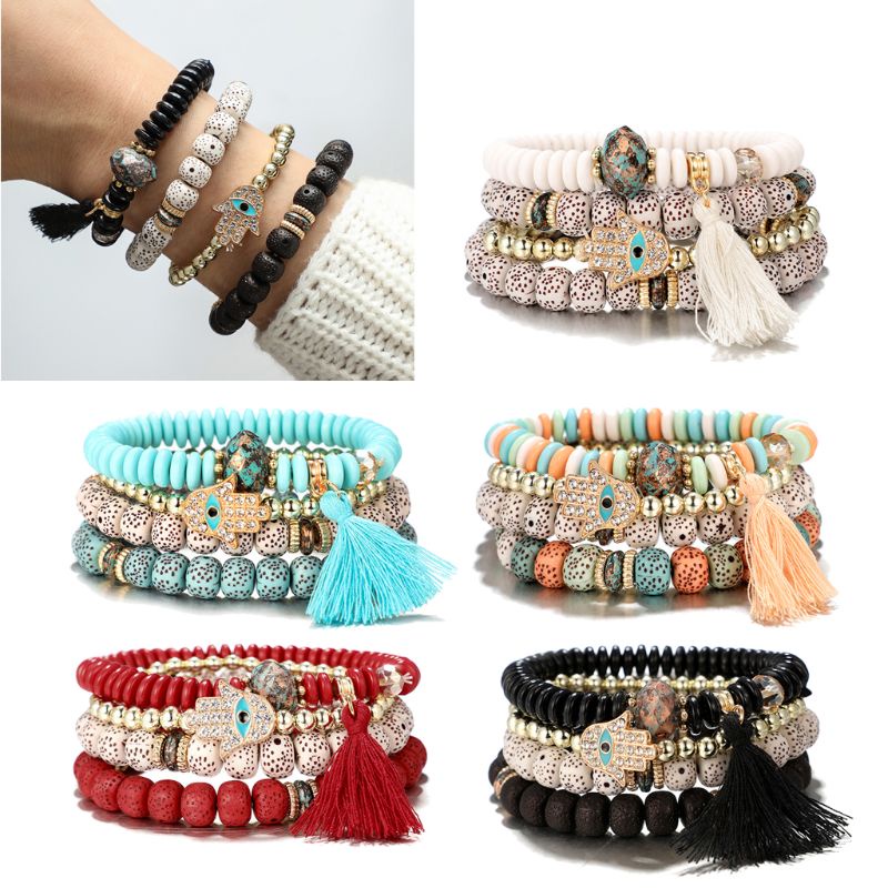 ราคาและรีวิว10MK Set Of 4 Evil Eye Fatima Hamsa Hand Wood Beads Bangle Bracelets Lucky Jewelry