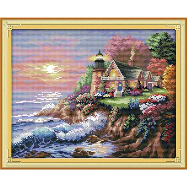 ชุดปักครอสติช-ประภาคาร-ทะเล-บ้านริมทะเล-the-seaside-lighthouse-cross-stitch-kit