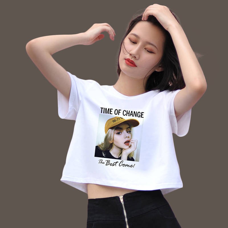 ↂ☏ ผ้าฝ้ายสั้นสั้นเสื้อยืดหญิงปุ่มท้องฤดูร้อนแขนสั้นนักเรียนหญิง ...