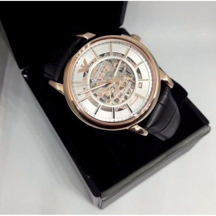 ar60007-armani-amani-rose-gold-สายหนังสีดำ-hollow-เด็กชายและเด็กหญิงนาฬิกา-42mm-43mm