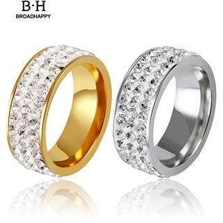 💘broadhappy💍แหวนเหล็กไทเทเนียมผู้หญิงผู้ชาย 3 แถวแหวน Rhinestone เงา แหวนเกลี้ยง