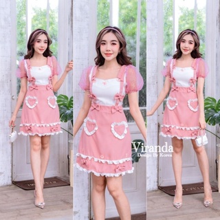 สินค้า 👗C010👗เดรสเอี๊ยม ทรงแขนผ้าแก้วจุดแขนพอง แต่งโบว์ ติดหัวใจ กระโปรงแต่งระบายViranda👗