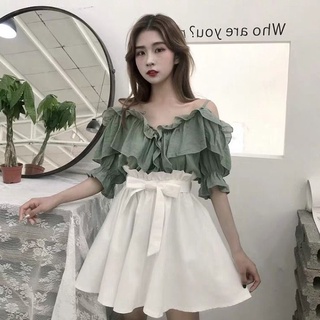 หวานและเผ็ดชุดบริสุทธิ์ต้องการสองชิ้นสีทึบน่าระทึกใจเสื้อสายรัดเอวสูงกระโปรงดอกไม้