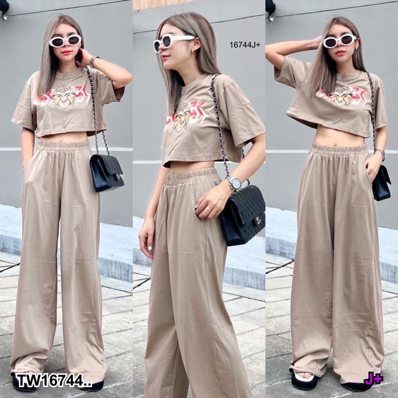 pe16744-set-2ชิ้น-เสื้อครอปแขนสั้น-สกรีน-มาพร้อมกางเกง