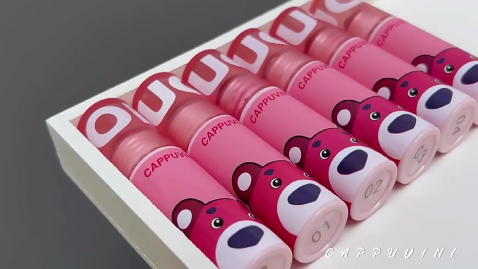 cappuvini-ชุดสามชิ้น-หมีสีชมพู-ลิปโคลน-เคลือบริมฝีปาก-กํามะหยี่-แต่งหน้า-ลิปสี