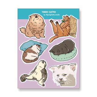 ภาพขนาดย่อของภาพหน้าปกสินค้าสติ๊กเกอร์แผ่น สติกเกอร์ ไดคัท กันน้ำ ลายมีมแมว Tired Cat Meme Sticker Sheet แบรนด์ Chonky Goods by Ping Hatta. Studio จากร้าน pinghattastudio บน Shopee