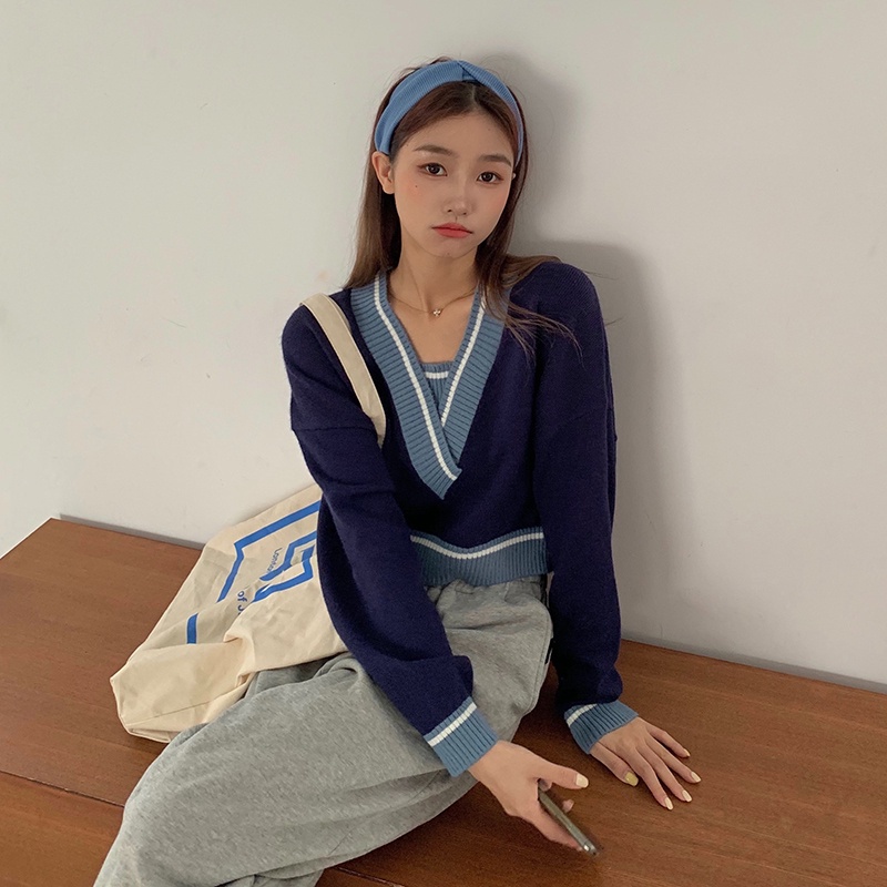 ภาพหน้าปกสินค้าเสื้อกันหนาวคอวี แขนยาว ผ้าถัก ทรงหลวม สไตล์เกาหลี แฟชั่นสำหรับผู้หญิง