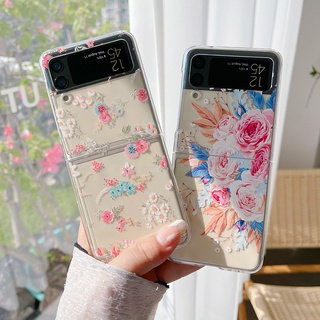 เคสโทรศัพท์มือถือ PC แข็ง แบบใส ลายดอกไม้ สําหรับ Samsung Galaxy Z Flip 5 4 3 ZFlip Flip5 Flip3 Flip4