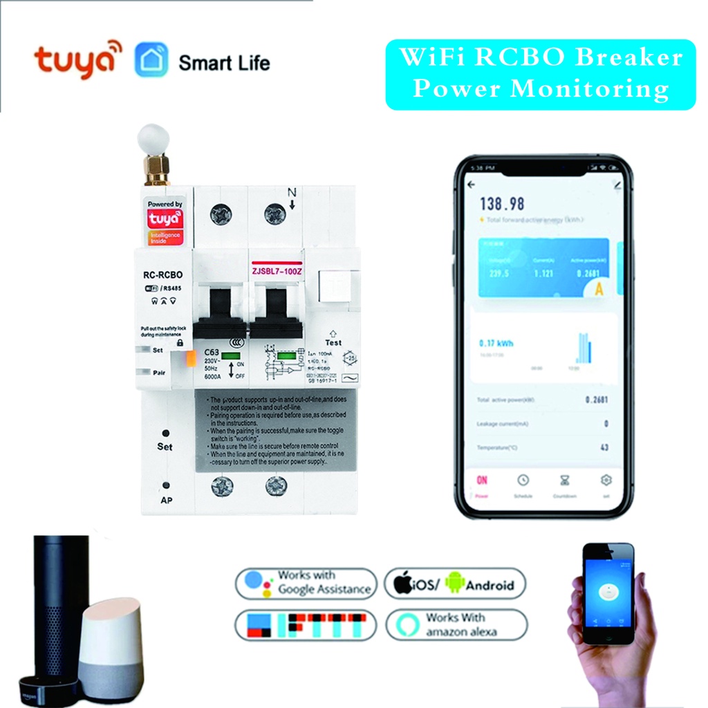 Din Rail Tuya Smart RCBO Circuit Breaker with Energy Monitoring 2P WiFi ...