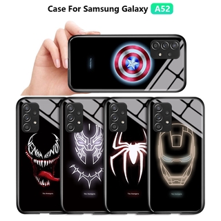 For Samsung Galaxy A52 A72 4G 5G M62 F62 เคสโทรศัพท์ Luminous Marvel เคสโทรศัพท์สำหรับเด็กผู้ชายซูเปอร์ฮีโร่สำหรับผู้ชายกัปตันอเมริกาไอรอนแมนเคสเรืองแสงกระจกเทมเปอร์ฝาหลัง