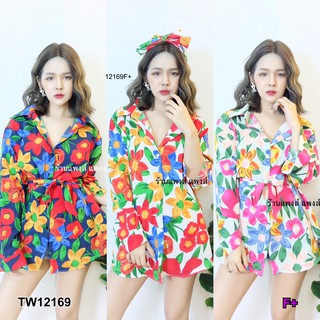 AK 12169 Mini Dress มินิเดรสเชิ้ต พิมพ์ลายดอกไม้ + สายผูก