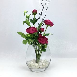 แจกันดอกไม้ประดิษฐ์ตกแต่งบ้าน ดอกรานังคูลัสสีแดงพร้อมแจกันแก้ว