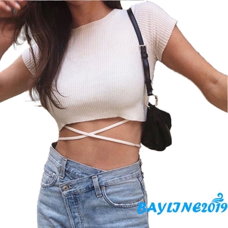 สินค้า Bay - เสื้อครอปท็อปแขนสั้นผ้าถักเซ็กซี่สําหรับผู้หญิง