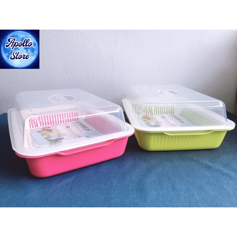 keyway-k-439-ชุดถาดคว่ำแก้วพร้อมชั้นรอง-รุ่นมีฝาปิด-ถาดรองชงเครื่องดื่ม-ถาดล้างผักสะเด็ดน้ำ-มี-2-สี-ชมพู-เขียว