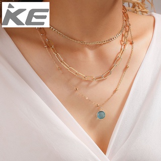 All-match round blue gemstone pendant thick chain three-necklace collarbone chain sweater chai