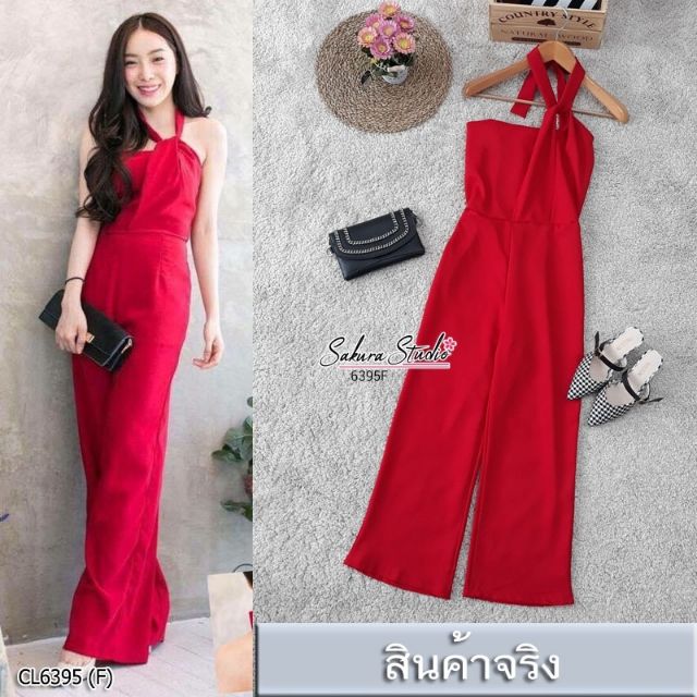 jumpsuit-จั้มสูทขายาว-สายคล้องคอผูกโบว์หลัง-เปิดไหล่-สม็อคหลัง-งานผ้าโฟร์เวย์เอวสม็อคหลัง