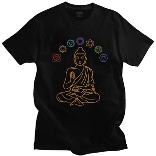 เสื้อยืดคอกลม แขนสั้น ผ้าฝ้าย พิมพ์ลายกราฟฟิคพระพุทธรูป Seven Chakras Meditating สําหรับผู้ชาย