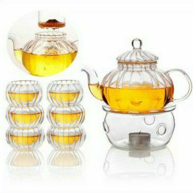 ใหม่-กาน้ำชาฟักทองสไตล์อังกฤษและเตาลายฟักทอง-กา-แก้ว4ใบ-ที่กรองชา-เตาอุ่นมีให้เลือก-ขนาดกา600ml-charmcha-ฌามชา