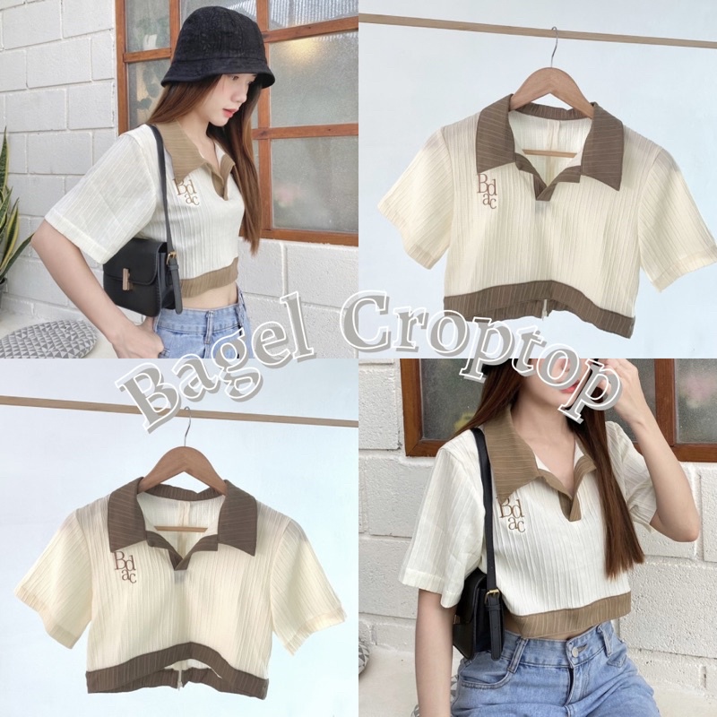 bagel-croptop-เสื้อครอปรุ่นใหม่-เสื้อครอปคอปกสีทูโทน-งานปักแบรนด์ของทางร้าน