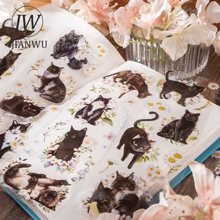 Jianwu สติกเกอร์ PET ลายการ์ตูนแมวน่ารัก กันน้ํา สําหรับตกแต่งสมุดภาพ 6 แผ่น