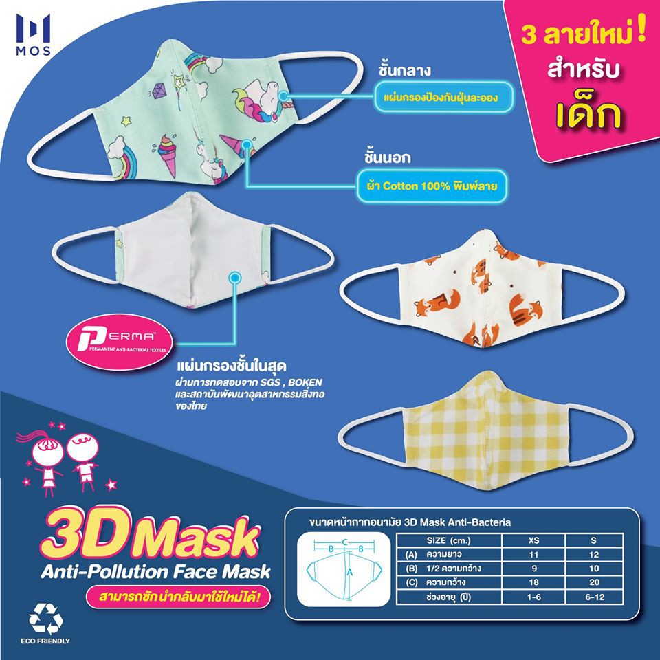 พร้อมส่ง-หน้ากากอนามัยเด็ก-หน้ากากผ้าเด็ก-1-12-ปี-mos-ลายหมาจิ้งจอก-รูปทรง-3d-1-แพ็คมี-2-ชิ้น