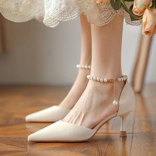 👠พร้อมส่ง💥กับกระโปรงสไตล์นางฟ้าฝรั่งเศสบริสุทธิ์ปรารถนาสาวแฟชั่นรองเท้าส้นสูง 2022 ใหม่ stiletto รองเท้าผู้หญิง