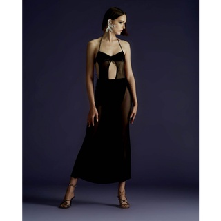BLACKDOG BKK -TP2212 - Black Sea Dress (Hand made) (เดรสเกาะอกบราไหมพรมถักผูกคอและหลัง เอวกระโปรงผูกได้)