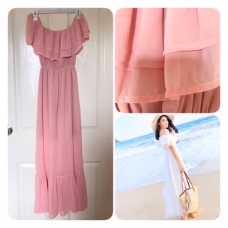 Maxidress เปิดไหล่ สีชมพูกุหลาบ freesize