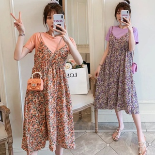 👗 ชุดคลุมท้องลายดอก S/3XL สุดน่ารัก พลัสไซส์ หลวม ปลอมสองชิ้น แขนสั้น แฟชั่น ฝรั่งเศส แขนพอง เดรส กระโปรงสาวอ้วน