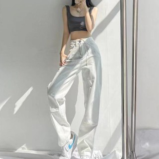 🌈S-XL ยุโรปและอเมริกาเกาหลีรุ่นเรียบง่ายและบางตรงสีขาวสูงเอวกางเกงยีนส์ผู้หญิงฤดูร้อนออกแบบกางเกงหวานและเผ็ด ins