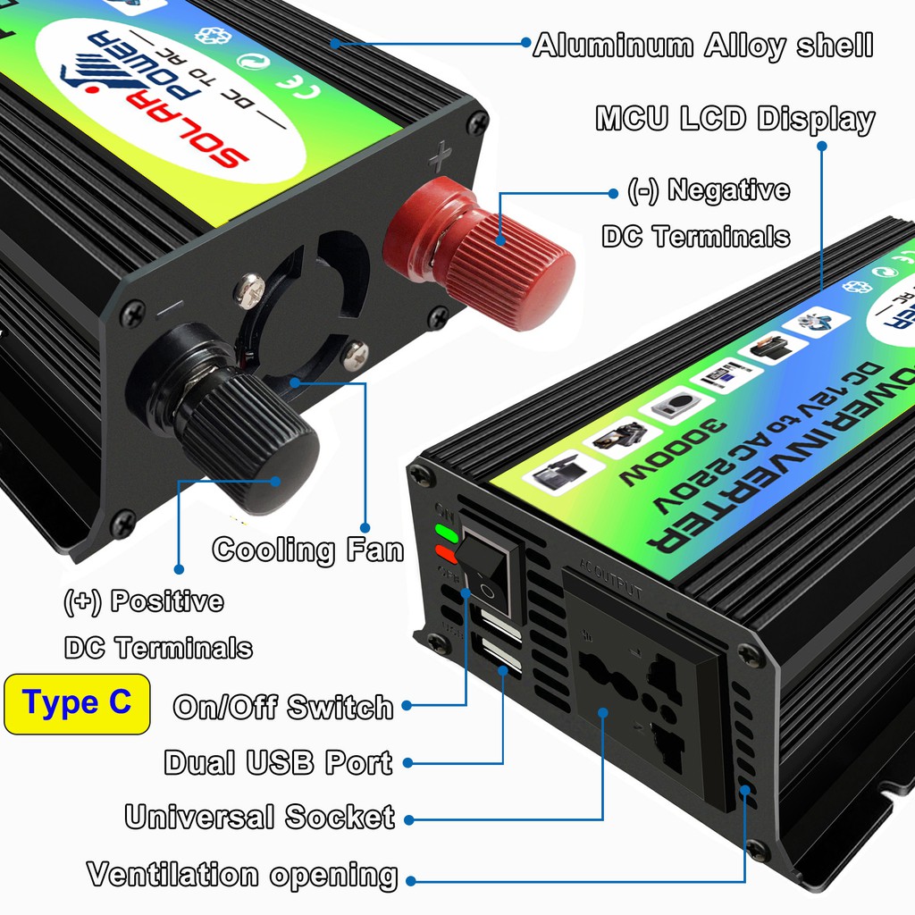 อินเวอร์เตอร์-3000w-แปลงไฟรถยนต์-dual-usb-เครื่องแปลงไฟ-dc-12v-to-ac-220v-car-power-inverter