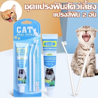 😸ชุดแปรงฟันสัตว์เลี้ยง ลดกลิ่นปาก  ลดการสะสมของแบคทีเรีย 2ขนาด ยาสีฟันแมว