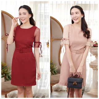 เดรส AD 206 Slit mesh sleeve belted dress by Adora.Brandofficial