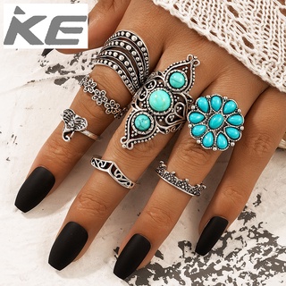 Popular Jewelry Turquoise Elephant Geometric Graphic 7-Piece Silver Ring Set for girls for wom