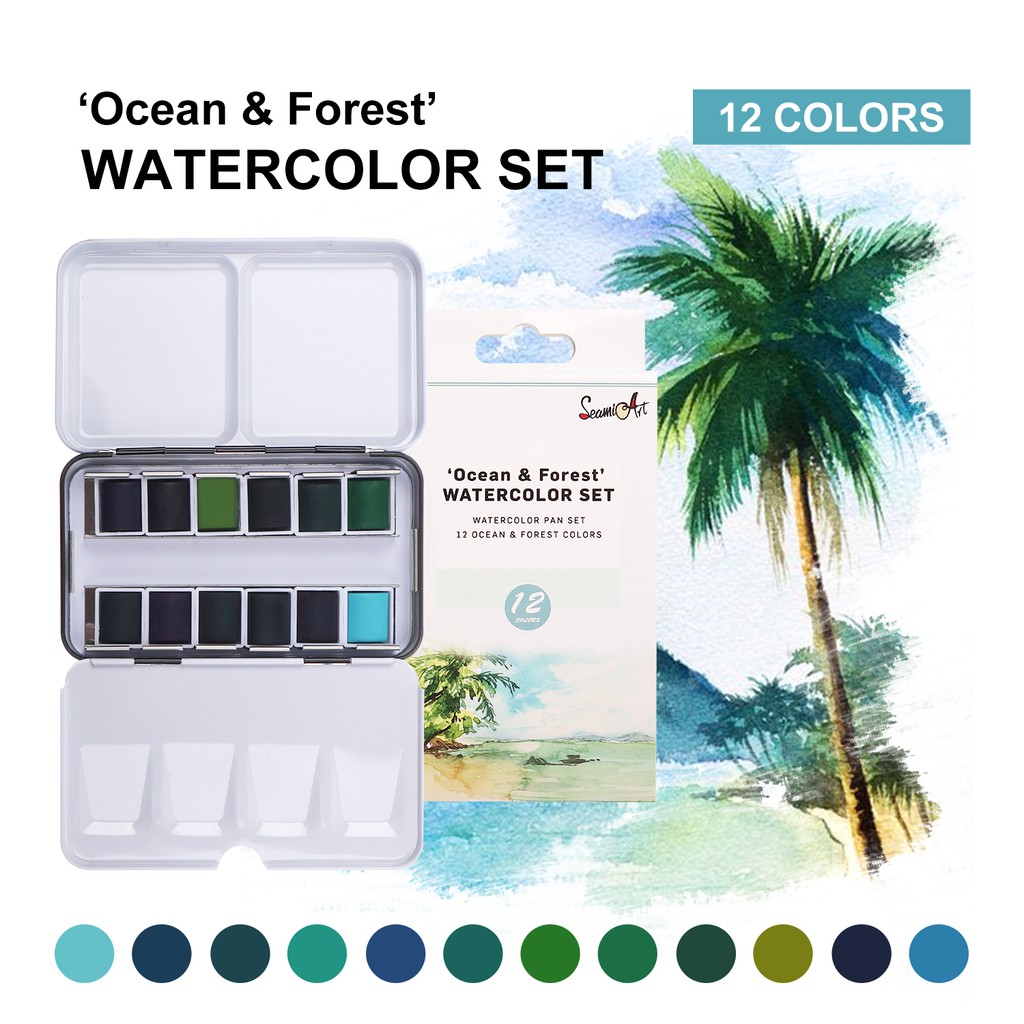 ภาพหน้าปกสินค้าSeamiArt 12pcs/set Ocean & Forest Colors Solid Watercolor with 1pc Portable Metal box_Art Supplies/Stationery จากร้าน seamiart.th บน Shopee