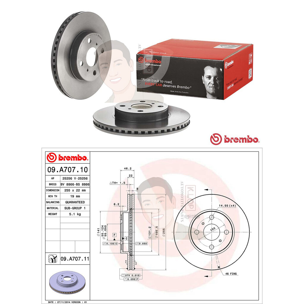 09 A707 11 จานเบรค ล้อ F (ยี่ห้อ BREMBO) รุ่น UV TOYOTA Vios Yaris E/G ...