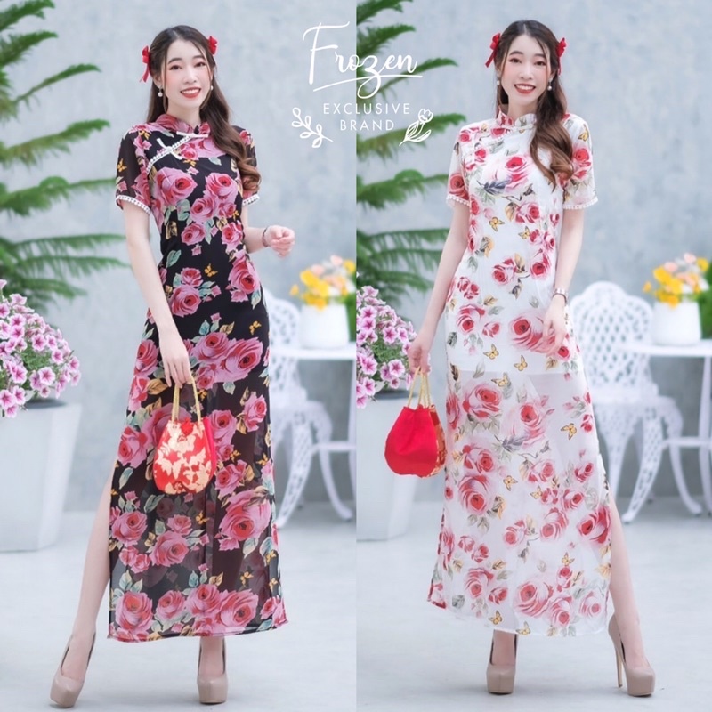 ชุดเดรสกี่เพ้าแขนสั้น-ทรงสอบ-ผ้าซีฟองมีซับในหน้าหลังมีซิปหลัง-แต่งรอบแขนด้วยลูกไม่ใส่รับตรุษจีนเลย