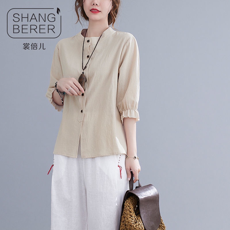 shang-beier-ฤดูร้อน-เสื้อเชิ้ตผ้าฝ้ายและผ้าลินินสไตล์ใหม่หญิงวรรณกรรมย้อนยุคหลวมเสื้อเชิ้ตปิดสาม-เสื้อสตรีแขนสี่ส่วน
