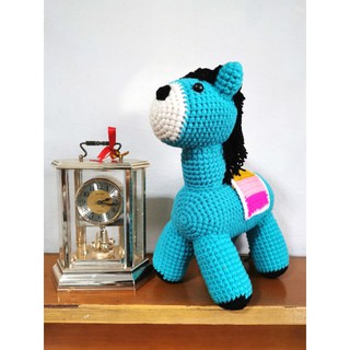 ตุ๊กตาม้า ตุ๊กตาไหมพรม Handmade ตุ๊กตาไหมพรมถัก ม้า สีฟ้าอมเขียว สูง26.5 cm.