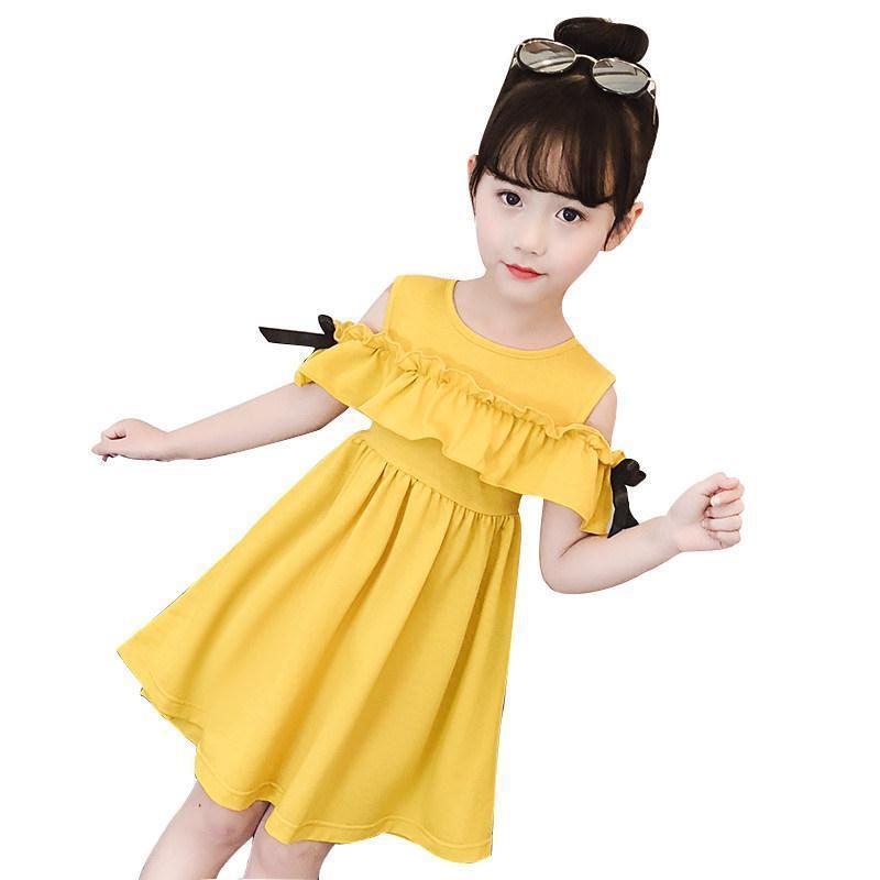 ชุดเดรสแฟชั่นเด็กผู้หญิง-ชุดเด็กเกาหลีใหม่ฤดูร้อน-4-14-ปี-ชุดเดรสเปิดไหล่สาวน้อย-เดรสสีเหลือง-ชมพู