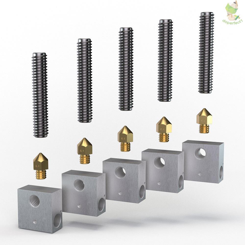 Produktbild von MK8 3D-Drucker Hotend-Set – 5x Düse 0,4 Mm, 5x Schlauch, 5x Heizblock – Edelstahl/Messing – Für 1,75 Mm Filament