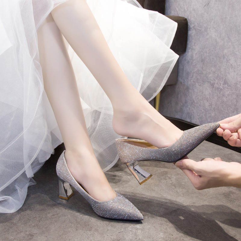 ใหม่-รองเท้าแต่งงาน-แชมเปญ-เพื่อนเจ้าสาว-ส้นหนา-5-7cm