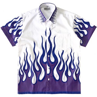 🔥 Flame Shirt 🔥 เสื้อเชิ้ตลายไฟ ผ้าคอตตอตเชิ้ต สกรีนลายไฟขาวม่วง