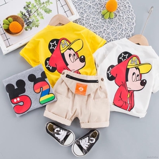 ( Dudubaba ) ชุดเสื้อแขนสั้นพิมพ์ลายการ์ตูน Mickey กางเกงขาสั้นสําหรับเด็กผู้ชาย