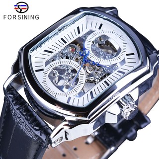 Forsining Retro แบบคลาสสิกสีขาวหน้าปัดสีน้ำเงินมือโปร่งใสสเตนเลสนาฬิกาข้อมือบุรุษนาฬิกาข้อมือหรูสุดหรู